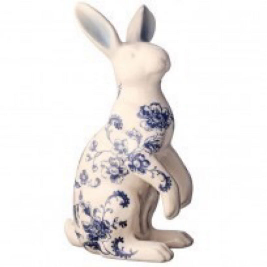 Ceramic toile bunny, ivory/blue, 10.25” - CancreekDesigns