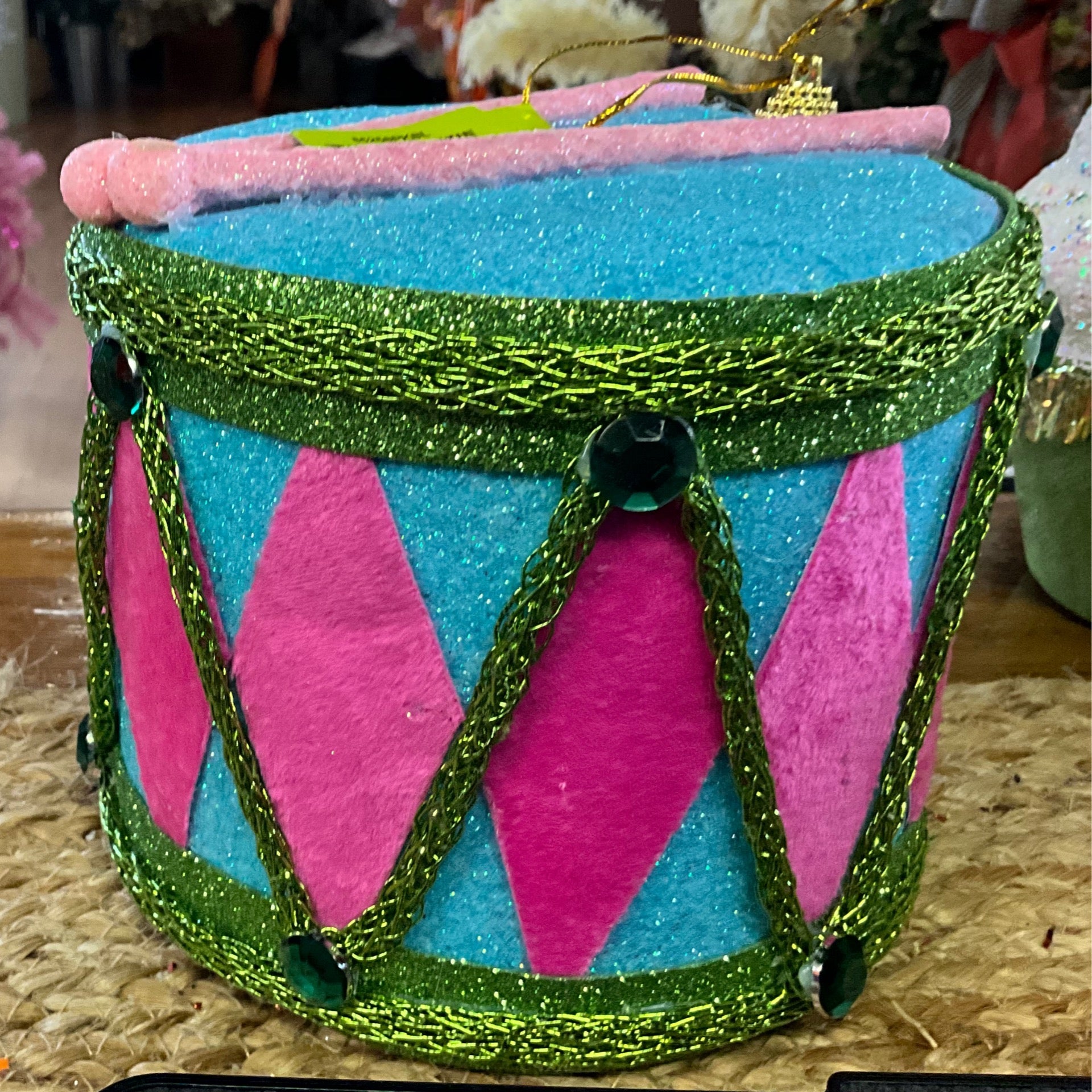 Teal/pink drum ornament - CancreekDesigns