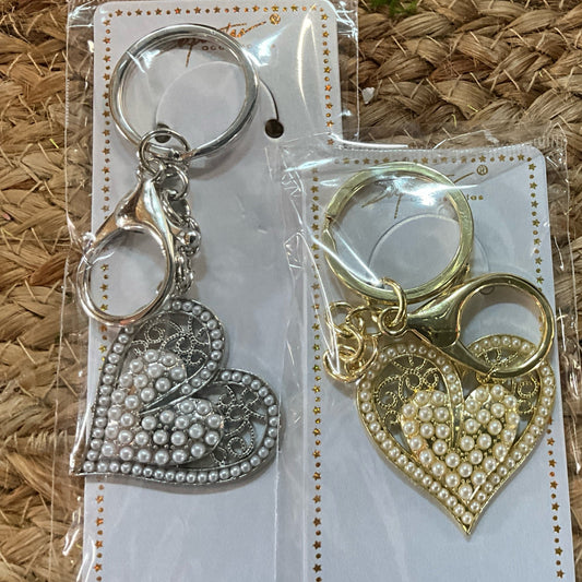 Heart shaped keychain with pearl accents - CancreekDesigns