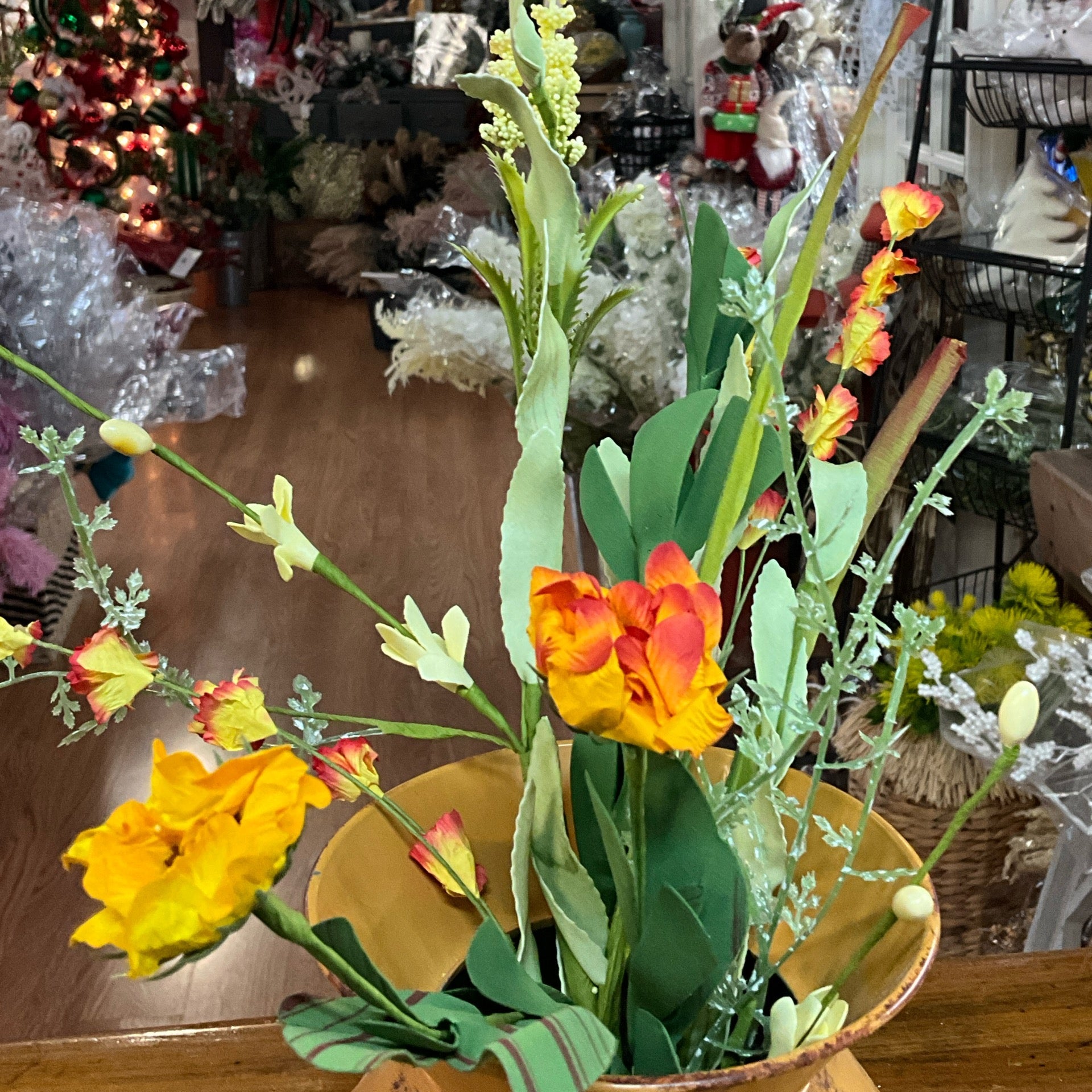 Yellow daisy bush with mountain flowers - CancreekDesigns