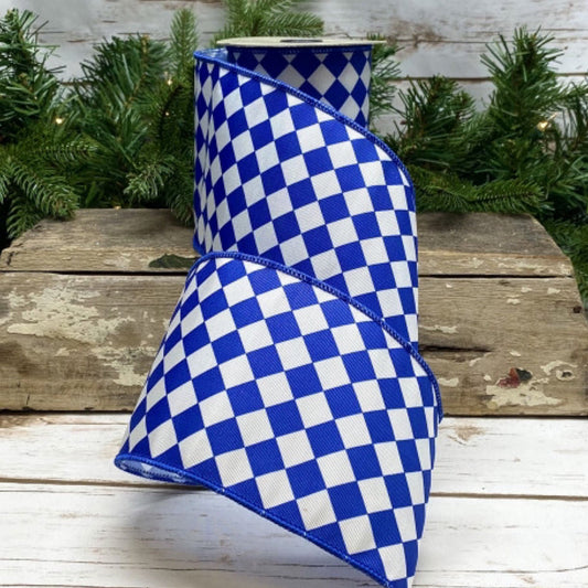 4" x 10yds grosgrain checkerboard, blue white - CancreekDesigns