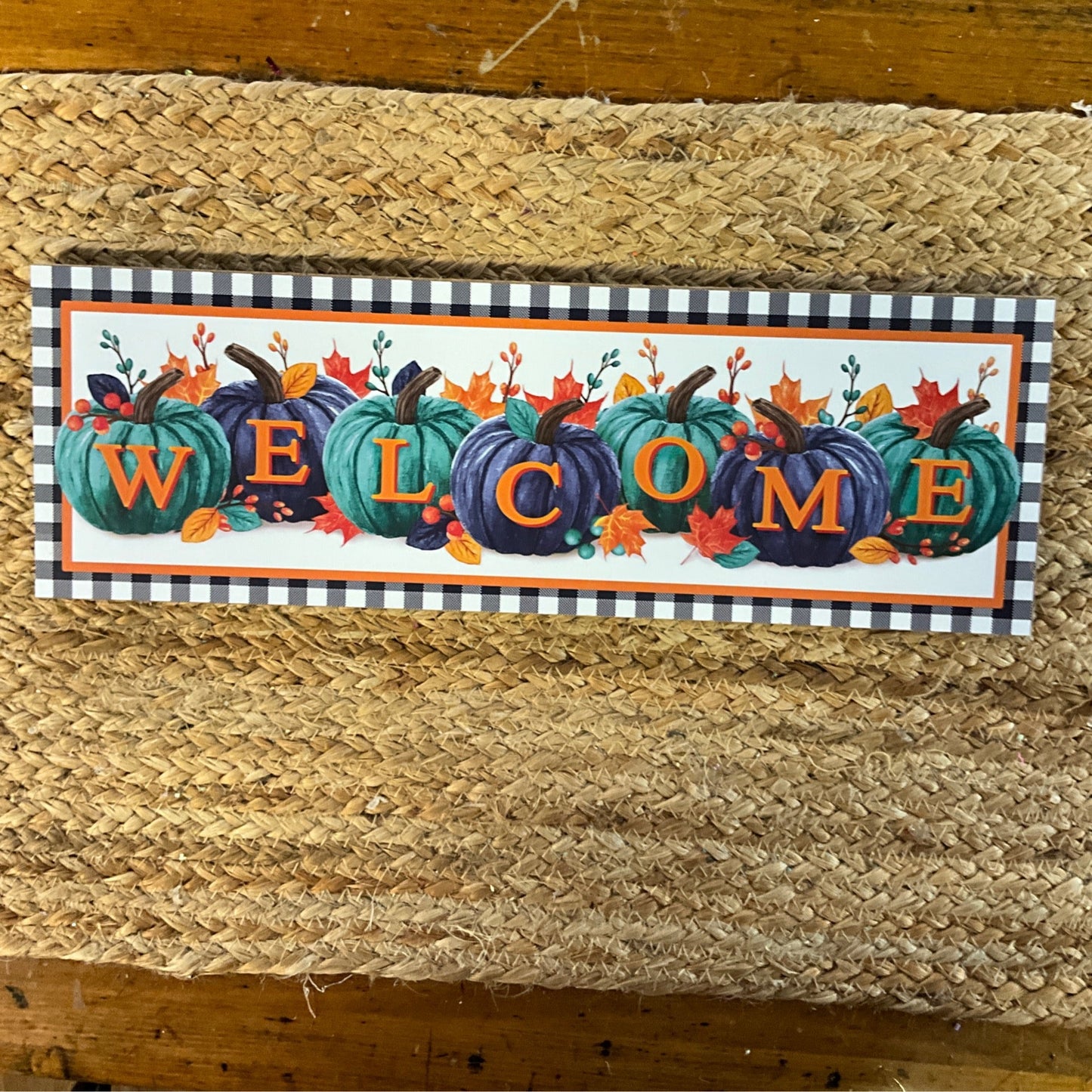 Welcome blue ,teal pumpkin black check - CancreekDesigns