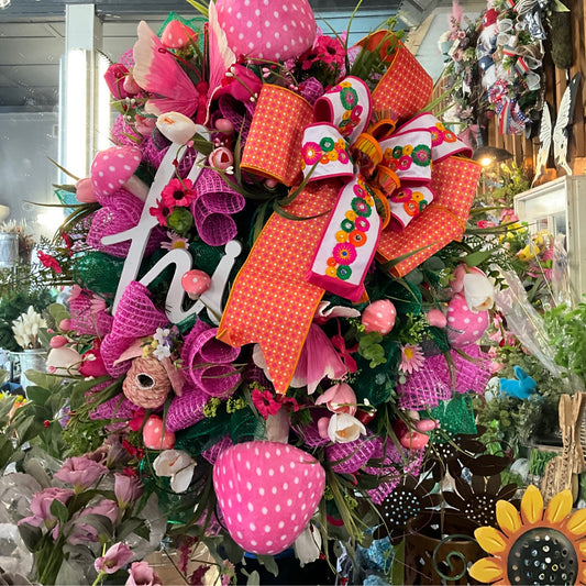 “hi” Pink/orange ribbon wreath - CancreekDesigns