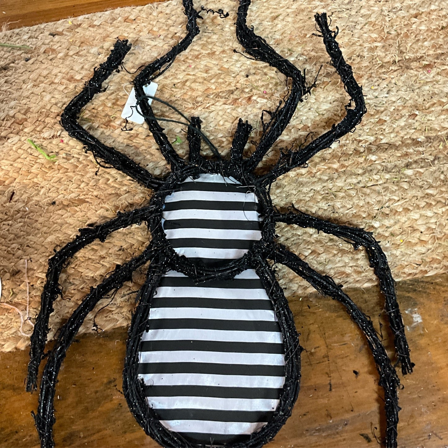 Spider grapevine door hanger, black and white striped fabric - CancreekDesigns