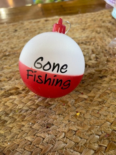 Plastic 'Gone Fishing' Red & White Fishing Bobber Ornament Set/12 3" D - CancreekDesigns