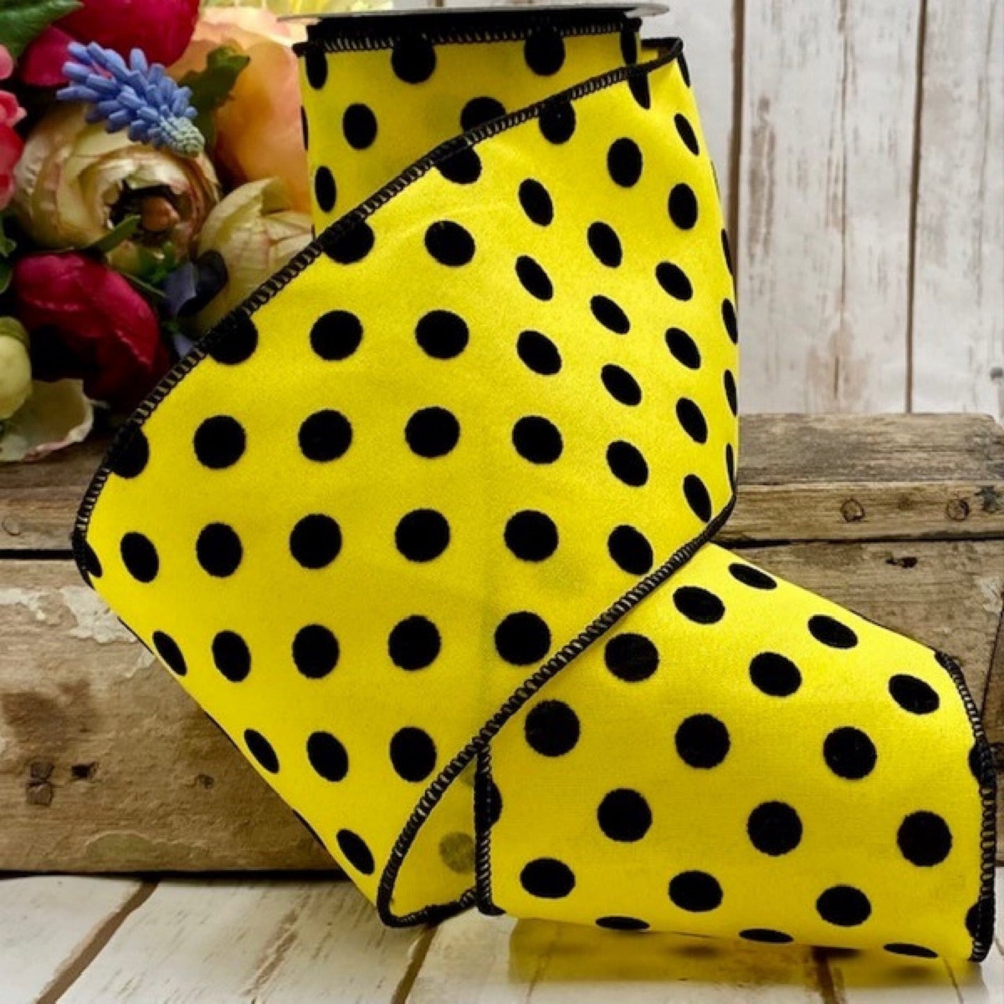 4" x 10yds satin black flocked polka dots, yellow - CancreekDesigns