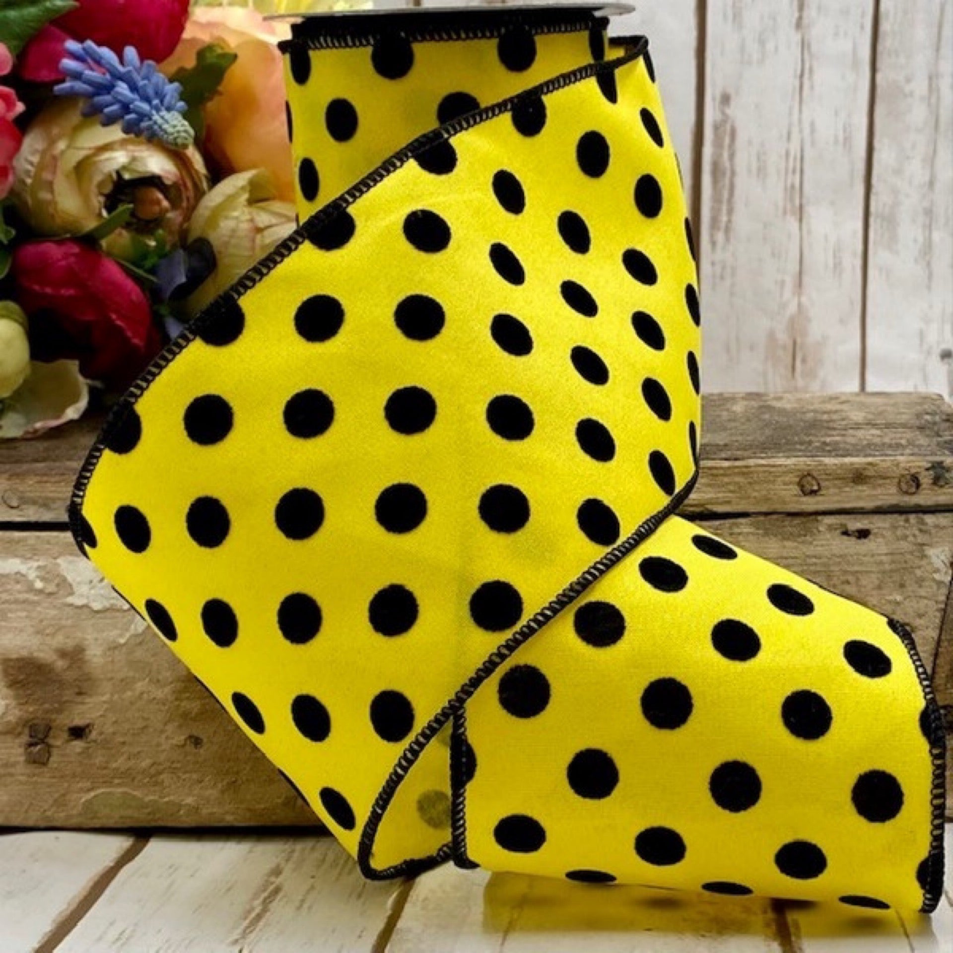 4" x 10yds satin black flocked polka dots, yellow - CancreekDesigns