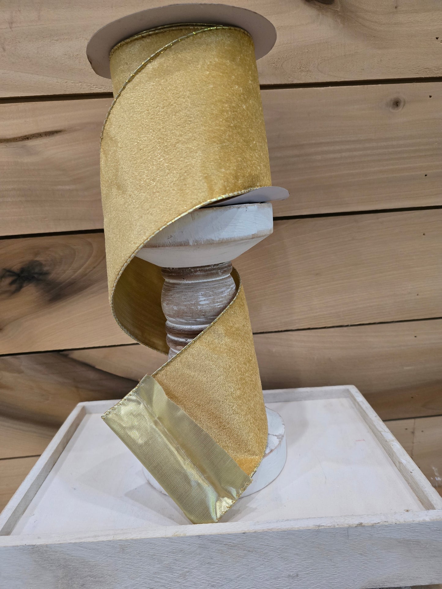 4"W X10 yards, wired ribbon, golden velvet/gold wire gold Satin.